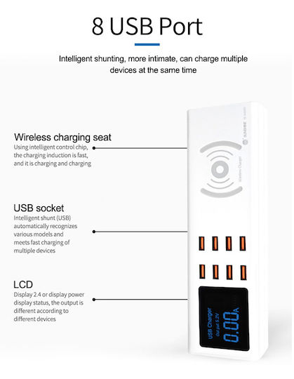 Sunshine Βάση Φόρτισης με 8 Θύρες USB-A σε Ασημί χρώμα (SS-309WD)