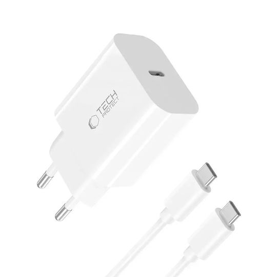 Tech-Protect Φορτιστής με Θύρα USB-C και Καλώδιο USB-C - USB-C 20W Power Delivery Λευκός (NC20W)