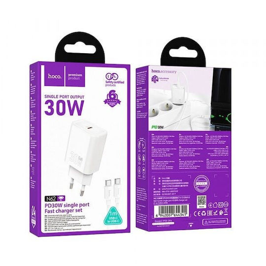 Hoco Φορτιστής με Θύρα USB-C και Καλώδιο USB-C - USB-C 30W Power Delivery / Quick Charge 3.0 Λευκός (N62)