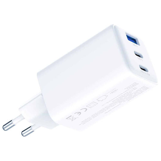 3MK Φορτιστής Χωρίς Καλώδιο GaN με Θύρα USB-A και 2 Θύρες USB-C 65W Power Delivery Λευκός (Hyper)