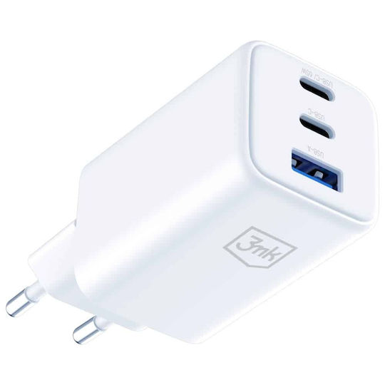 3MK Φορτιστής Χωρίς Καλώδιο GaN με Θύρα USB-A και 2 Θύρες USB-C 65W Power Delivery Λευκός (Hyper)