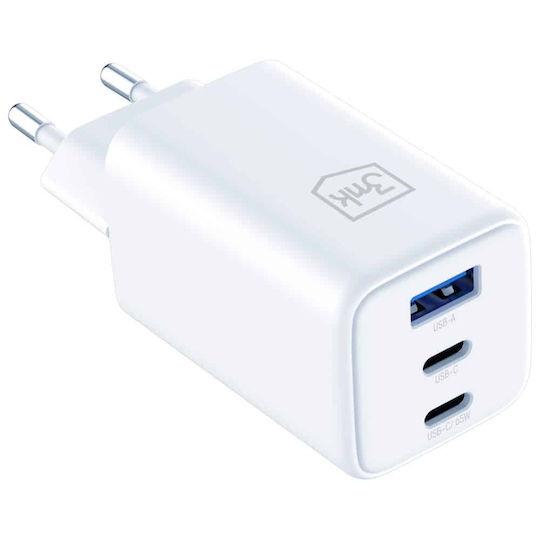 3MK Φορτιστής Χωρίς Καλώδιο GaN με Θύρα USB-A και 2 Θύρες USB-C 65W Power Delivery Λευκός (Hyper)