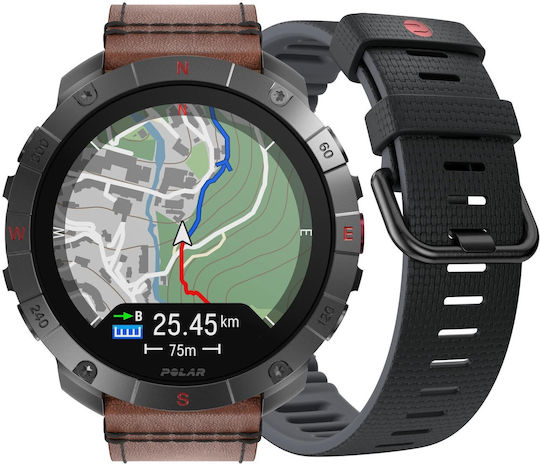 Polar Grit X2 Pro Titan Stainless Steel 49mm Waterproof Smartwatch with Heart Rate Monitor (Brown Leather Strap - M/L)