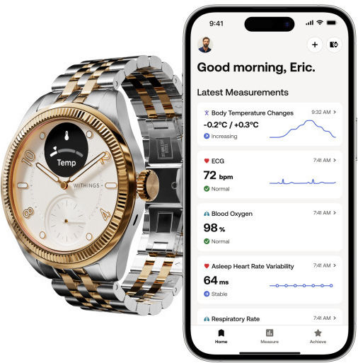 Withings Scanwatch Nova Brilliant Stainless Steel 39mm Waterproof with Heart Rate Monitor (Rose Gold Silver)