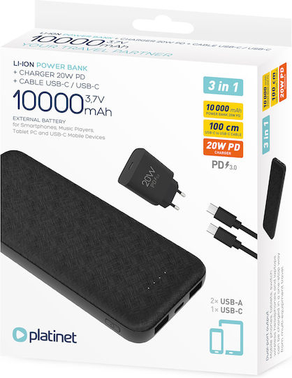 Platinet Set Baterie Externă 10000mAh 20W Cu 2 Porturi De Ieșire USB-A Și Port USB-C Power Delivery Negru