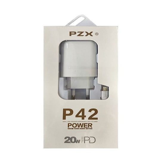 PZX Φορτιστής Χωρίς Καλώδιο με Θύρα USB-A και Θύρα USB-C 20W Power Delivery / Quick Charge 3.0 Λευκός (PZX P42)