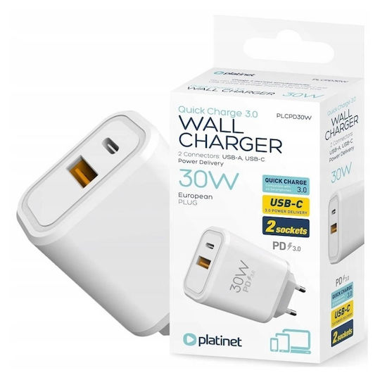 Platinet Charger Without Cable with USB-A Port and USB-C Port 30W Whites (PLCPD30W)