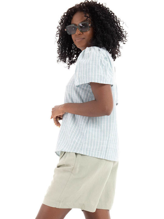 Damen Bluse Baumwolle Kurzärmelig Hellblau