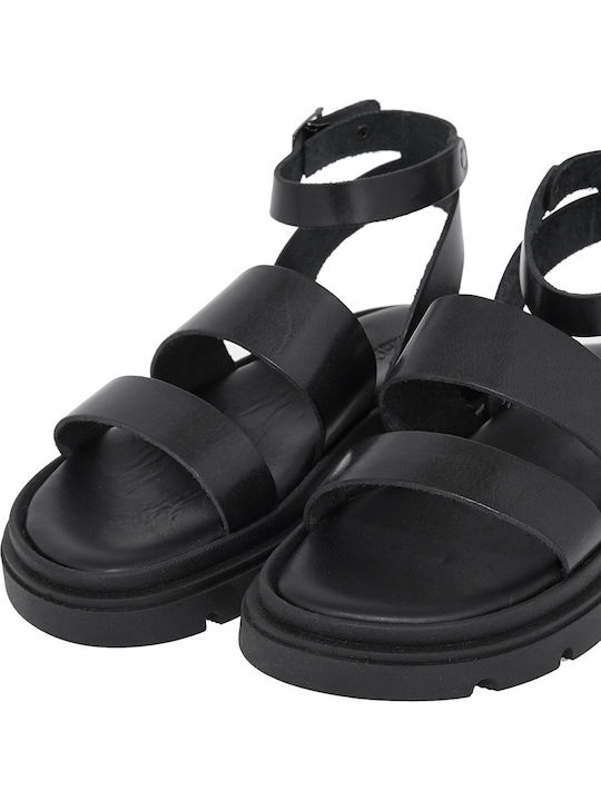 Leather Women's Flat Sandals Flatforms in Black Color