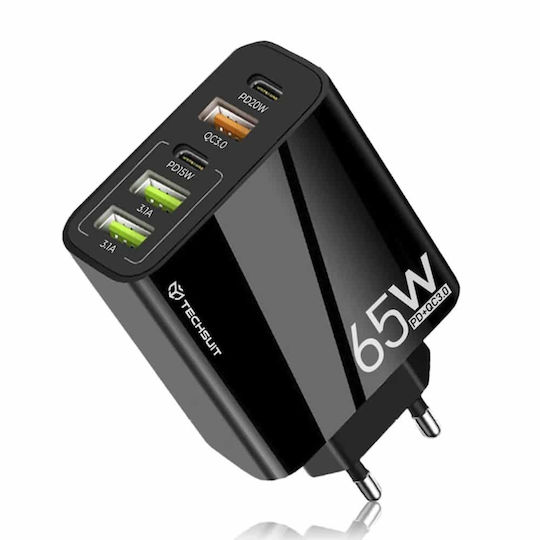 Techsuit Ladegerät mit 3 USB-A Anschlüsse und 2 USB-C Anschlüsse und Kabel USB-C - USB-C 20W Stromlieferung / Schnellaufladung 3.0 Schwarzs (CHC2)