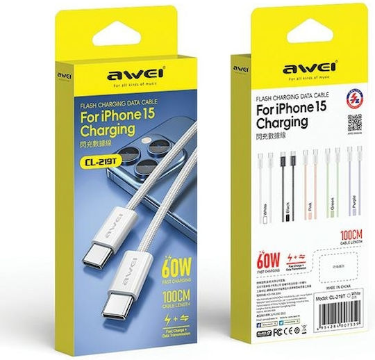 Awei CL-219T USB 2.0 Cable USB-C male - USB-C 60W Μαύρο 1m