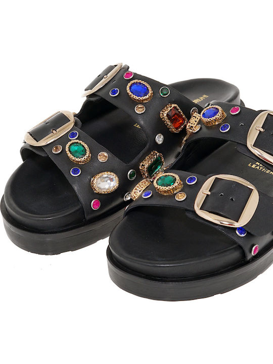 Leather Women's Flat Sandals in Black Color