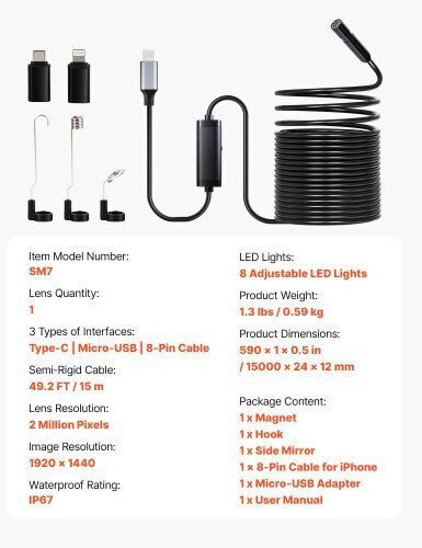 Vevor Endoscope Camera with 15m Cable
