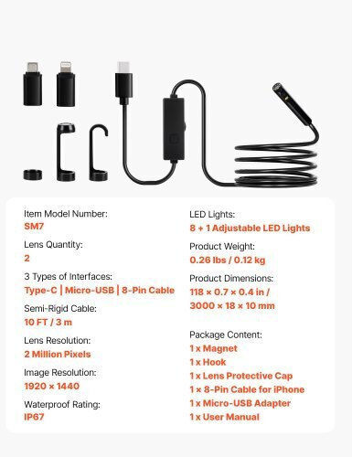 Vevor Endoskopkamera mit Kabel 3m
