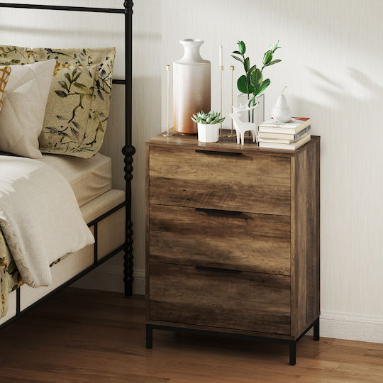 Wooden & Metallic Chest of Drawers with 3 Drawers Dark Brown 62x35x82cm