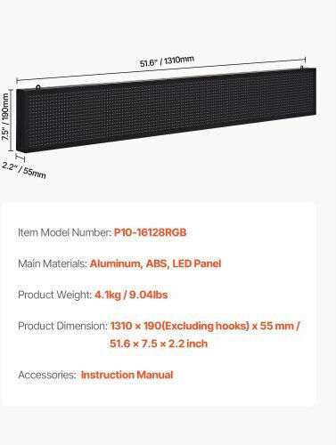 Vevor Επιγραφή LED Μονής Όψης 132.08x20.32cm