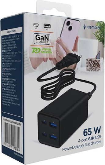 Gembird GaN с 2 USB-A порта и 2 USB-C порта 65W Power Delivery / Quick Charge 3.0 Черен (TA-UC-2A2C-PD65-01-BK)