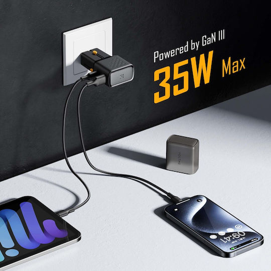 Voltme Φορτιστής Χωρίς Καλώδιο GaN με Θύρα USB-A και Θύρα USB-C 35W Power Delivery Μαύρος (Go EzTravel)