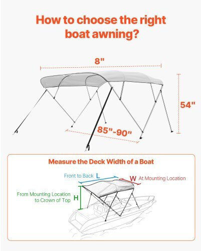 Vevor Vevor 4-Bogen-Bimini-Bootsverdeck 96" L x 85"-90" B x 54" H Offen Grau