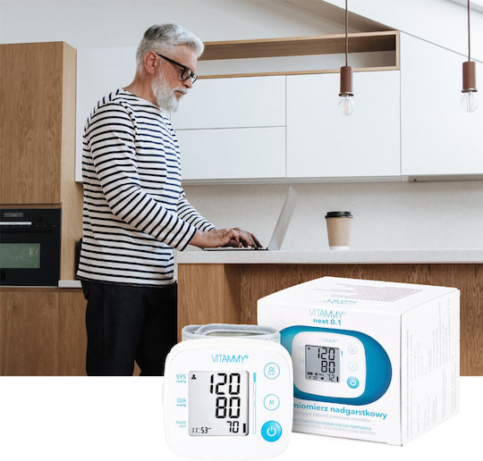 Vitammy Next 0.1 Monitor Electronic de Tensiune Arterială pentru Încheietură Măsurare în Timpul Umflării Manșetei Detectare Aritmie Detectare Mișcare Corporală Memorie 2 Utilizatori Dimensiune Manșetă 12.5-21.5 Cm Alb
