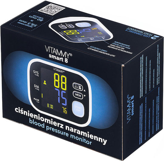 Tensiometru electronic de braț Vitammy Smart 8 măsurare în timpul umflării manșetei detectare aritmie afișaj color memorie 2 utilizatori x 60 rezultate dimensiune manșetă 22-42 cm negru
