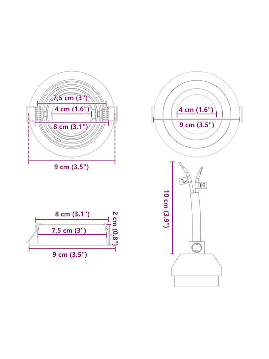 vidaXL Round Metallic Ceiling Spot with Built-in LED and Warm White Light White 91x91cm 6pcs