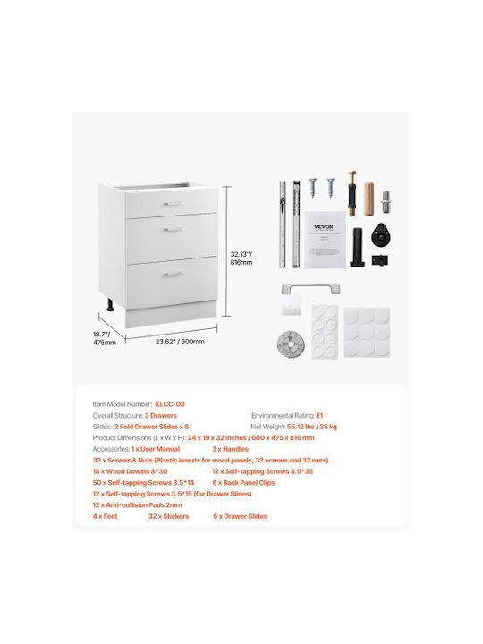 Vevor Small Storage Furniture Shaker Base Cabinet 24 Inches Width X 19 Inches Depth X 32 Inches Height Ready To Assemble 3 Drawers