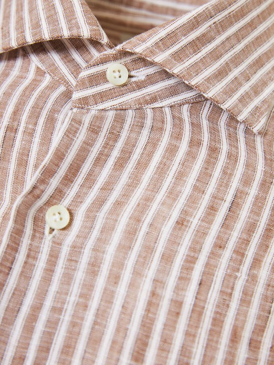 Long-sleeved Linen Shirt Striped Brown