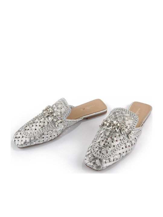 Flat Δερμάτινα Mules σε Ασημί Χρώμα