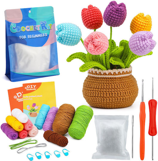 Set Complet de Croșetat DIY pentru Începători și Avansați Accesorii Fir Incluse Instrucțiuni Model Decorativ Ghiveci de Flori Lalele Multicolor