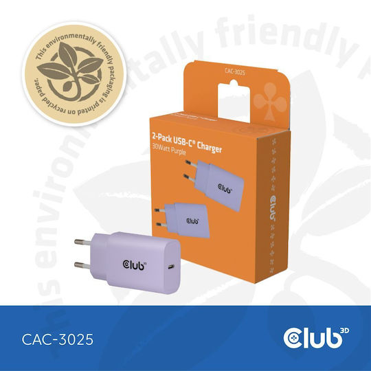 Club3D Ladegerät ohne Kabel mit USB-C Anschluss 30W Stromlieferung Lila (CAC-3025)