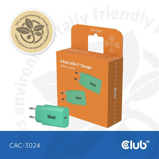 Club3D Charger Without Cable with USB-C Port 30W Power Delivery Greens (CAC-3024)