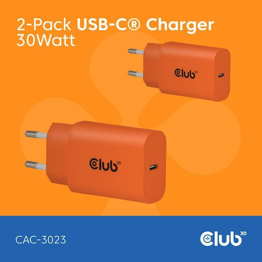Club3D Charger Without Cable with USB-C Port 30W Power Delivery Orange (CAC-3023)