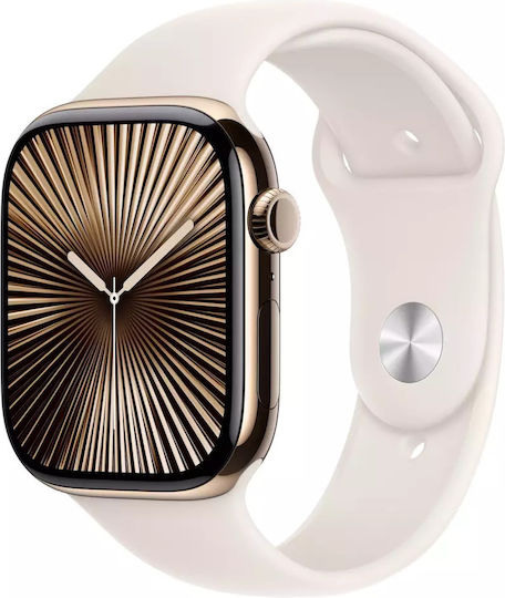 Apple Smartwatches Series 10 Cellular Titanium 46mm Waterproof with eSIM and Heart Rate Monitor Gold Titanium with Starlight Sport Band S/M