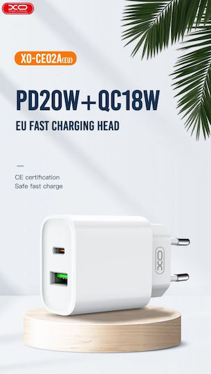 XO Ladegerät mit USB-A Anschluss und USB-C Anschluss und Kabel USB-C - Lightning 20W Stromlieferung Weißs (CE02A)