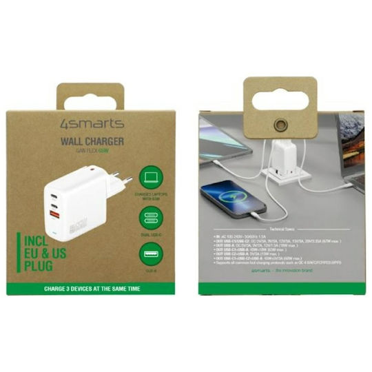 4Smarts GaN Handyladegerät Ohne Kabel mit USB-A Ausgangsanschluss und 2 USB-C Ausgangsanschlüsse 65W Schnellladetechnologie 3.0 Weiß (43675)