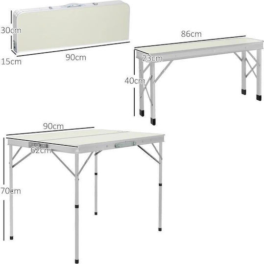 Set Mobilier Camping Grădină Pliabil 1 Masă 2 Bănci MDF Aluminiu Alb 90 Cm Frankfurt