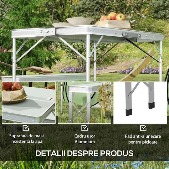 Set Mobilier Camping Grădină Pliabil 1 Masă 2 Bănci MDF Aluminiu Alb 90 Cm Frankfurt