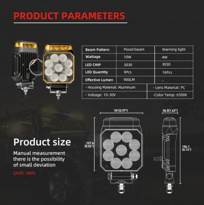 LED Slim Spotlight 10-30 Volt High Power 10W Built-in Road Assistance Strobe Orange 10cm X 12.8cm X 3.6cm