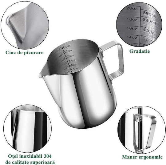 Cana din oțel inoxidabil pentru spumare lapte cu mâner Quasar Co. Cana pentru cappuccino cu cioc Bar Cana Barista 600 ml H 11 cm