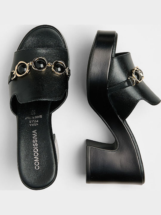 Leather Mules with Low Heel in Black Color
