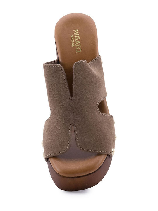 Leather Mules with Chunky High Heel in Brown Color