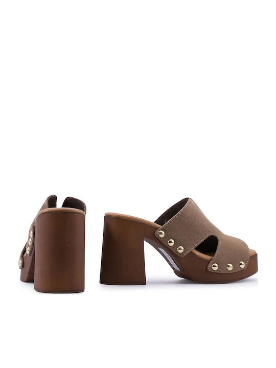 Leather Mules with Chunky High Heel in Brown Color