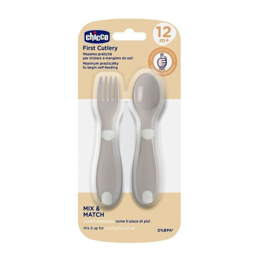 Chicco Baby Set mit Gabel First Cutlery aus Kunststoff für 12+ Monate Gray 2Stück