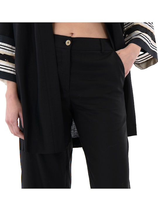 Women's High-waisted Fabric Capri Trousers Relaxed Fit Ecru-black