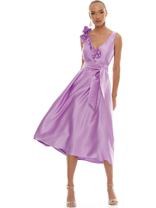 Summer Midi Dress for Wedding / Baptism Satin Lilac