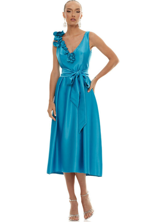 Rochie Midi de Vară pentru Nuntă Botez Satin Turcoaz