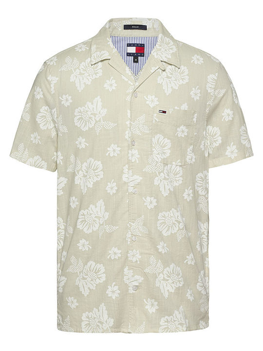 Short-sleeved Denim Shirt Floral Beige