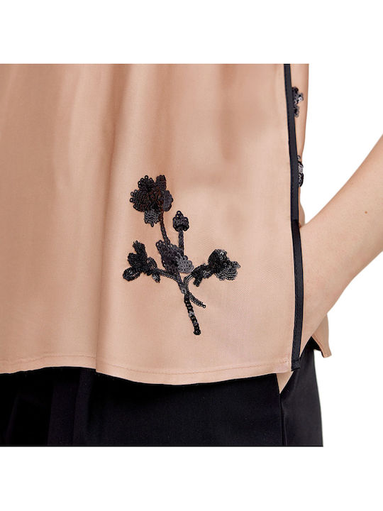 Women's Blouse Satin with Straps & V Neckline Black-beige