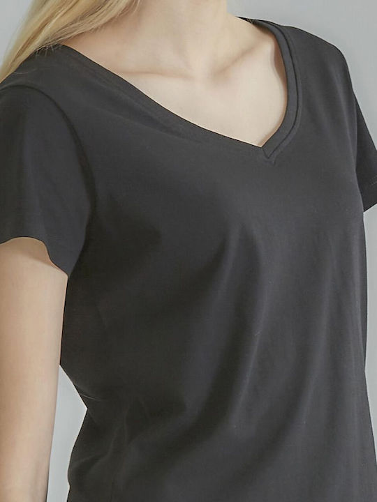 Women's Blouse Cotton Short Sleeve with V Neckline Black